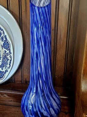 Tall Blue Swirled Art Glass Vase